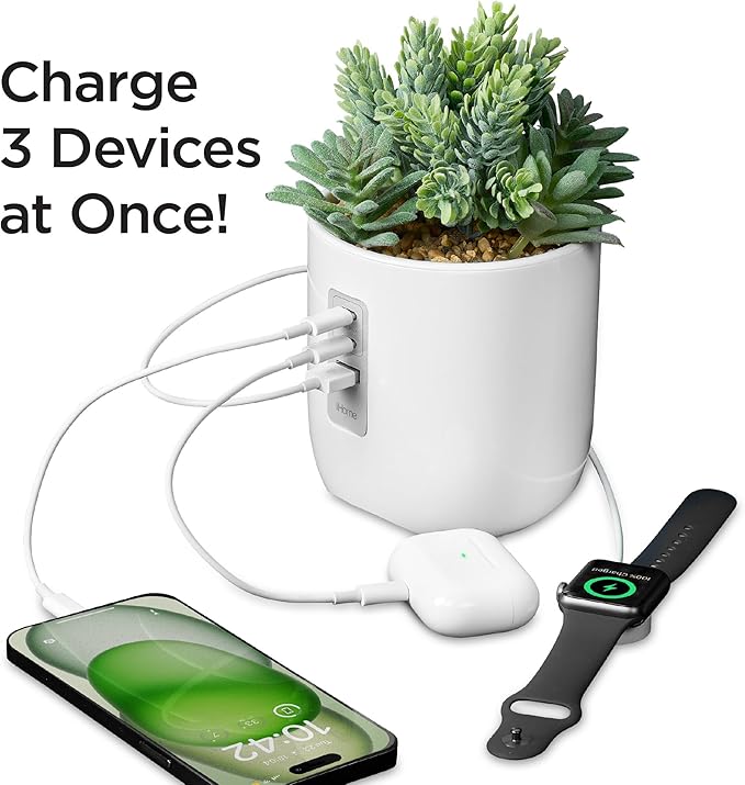 iHome PowerPlant Charging Station, Faux Succulent with USB Charging Station for iPhone, Android, and More – White (iPP45)
