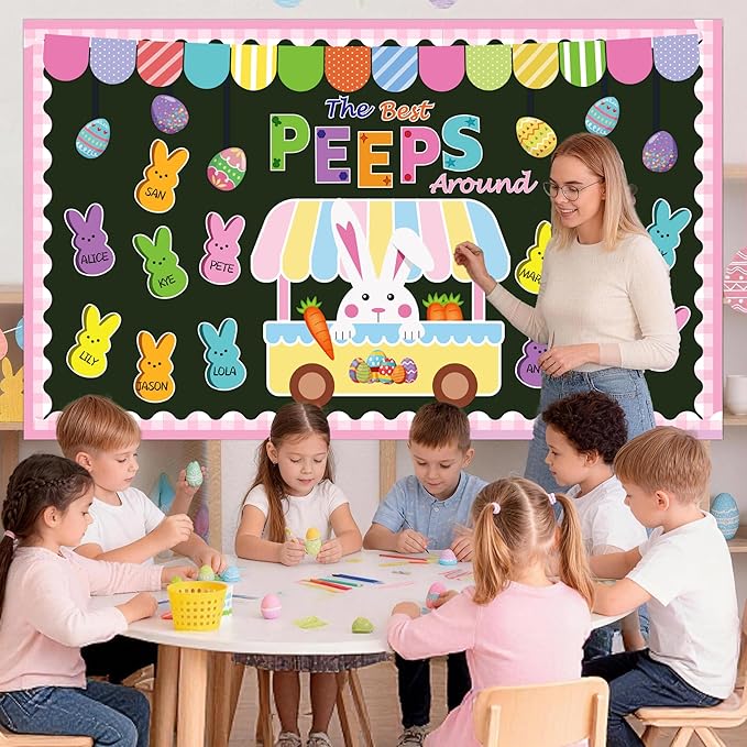 Easter Bulletin Board Decorations, 76pcs Spring Easter Classroom Decorations Set, Easter Eggs Bunny Cutouts Easter Bulletin Board, Peeps Decorations School Classroom Home Office Spring Easter Decor