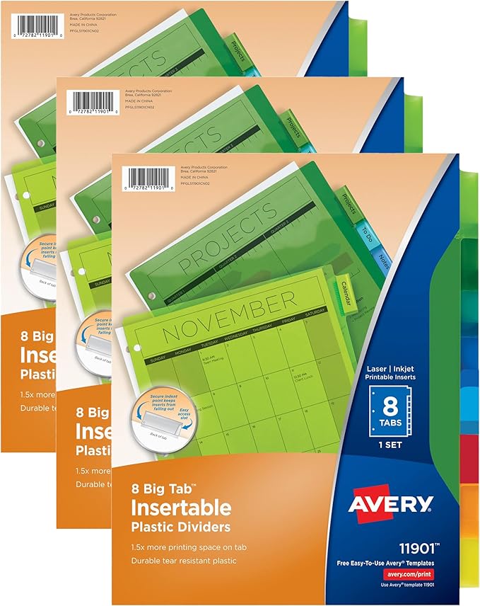 Avery Dividers for 3 Ring Binders, 8-Tab Plastic Binder Dividers Insertable Big Tabs, Multicolor, 1 Set (11901) (Pack of 3)
