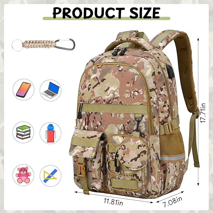 School Backpack for Boys - Camo Boys Backpack for Kids Teens Elementary, Middle & High School Bookbag Daypack with Camouflag Design,18″ Large Capacity with Usb Charging Port & Key-chain