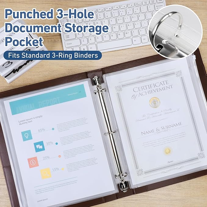Antner 48 Pack Letter Size Binder Pockets for 3-Ring Binder Zipper Pouch Waterproof PVC Document Organizer 3-Hole Loose Leaf Folders File Sleeves Storage Bags Side Loading for Business Office Supplies