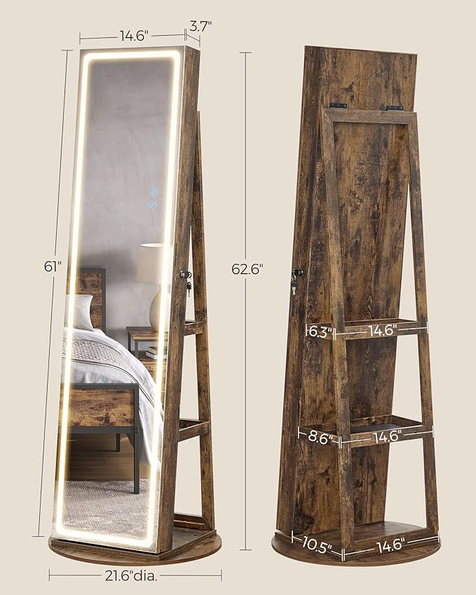 SONGMICS LED Jewelry Cabinet Standing, Lockable Armoire With Full-Length Mirror and Adjustable Lights, Space-Saving Organizer, Gift Idea, Rustic Brown UJJC008X01