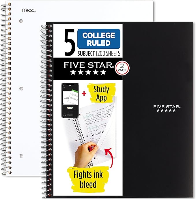 Five Star Spiral Notebooks Plus Study App, 2 Pack, 5 Subject, College Ruled Paper, 11" x 8-1/2", 200 Sheets, Black & White (73035)