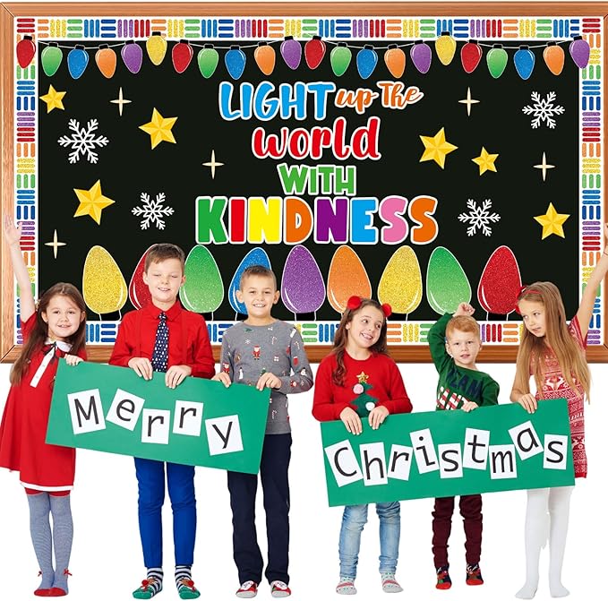 Christmas Light Bulbs Bulletin Board Decoration Set Xmas Kindness Bulletin Board Set Winter Colorful Bright Bulb Paper Cutouts for Classroom School Home Chalkboard Wall Holiday Party Decor Supplies
