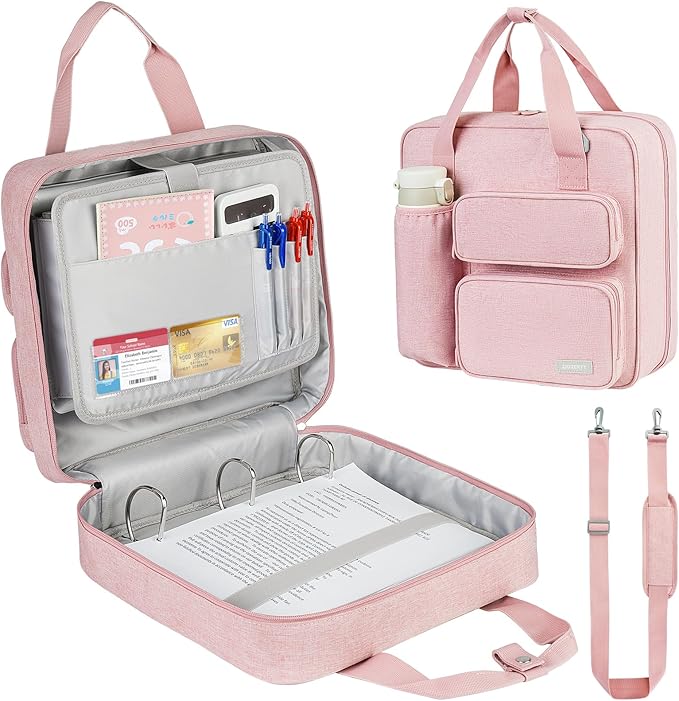 Zipper Binder 3 Ring, 500 Sheets Capacity, Binder 2 Inch with Shoulder Strap Fits 13 Inch Laptop for School and Office,Pink