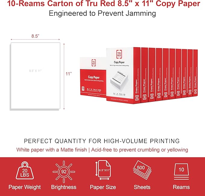 TRU RED Copy Paper 8.5x11 Inch, 20lb Weight, 92 Brightness, 5000 Sheets (10 Reams), Multipurpose White Printer Paper for Laser, Inkjet & Copier