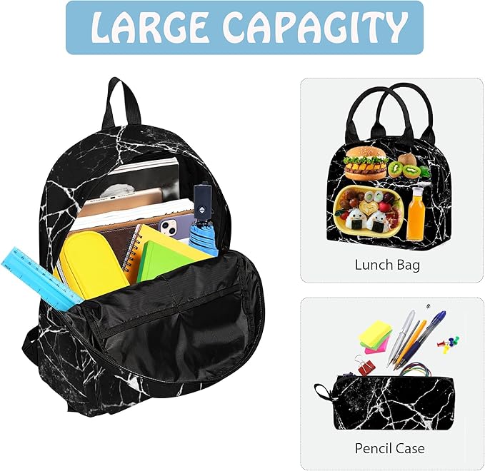 3PCS Marble Backpack Set for Teens Elementary Middle High School, 17 Inch Lightweight Classic Backpack 3 in 1 Set for Girls Boys, Kids Back to School Backpack with Lunch Box Pencil Case