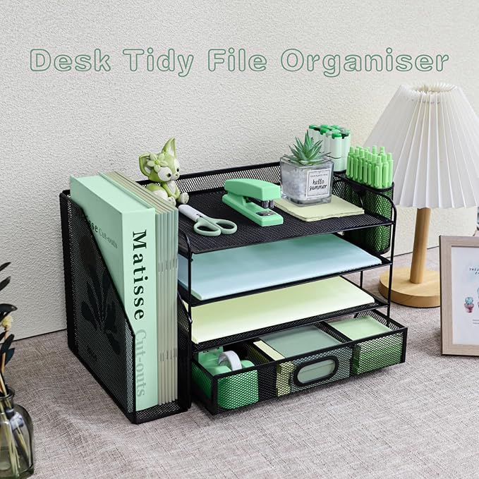 4 Tier Desk File Organiser with Extra Vertical File Sorter, Paper Letter Tray with Top Stationery Drawer Holder, A4 Paper Desktop Filing Trays, Magazine Document Holder for Home Office, Black