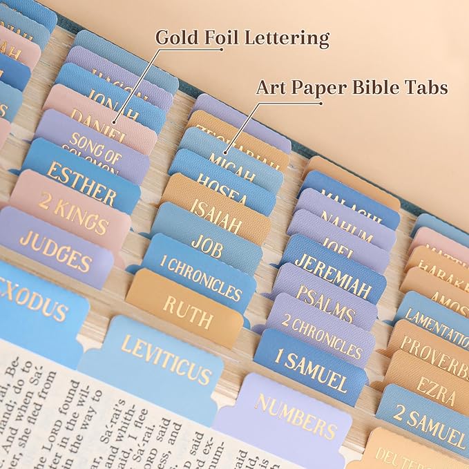 Bible Tabs, 66 Gold Foil Pre-Printed Chapter Labels + 39 Blank Impression Sunrise Theme Laminated Index Tabs with Alignment Ruler, Bible Journaling Study Supplies for Women & Men, Bible Accessories