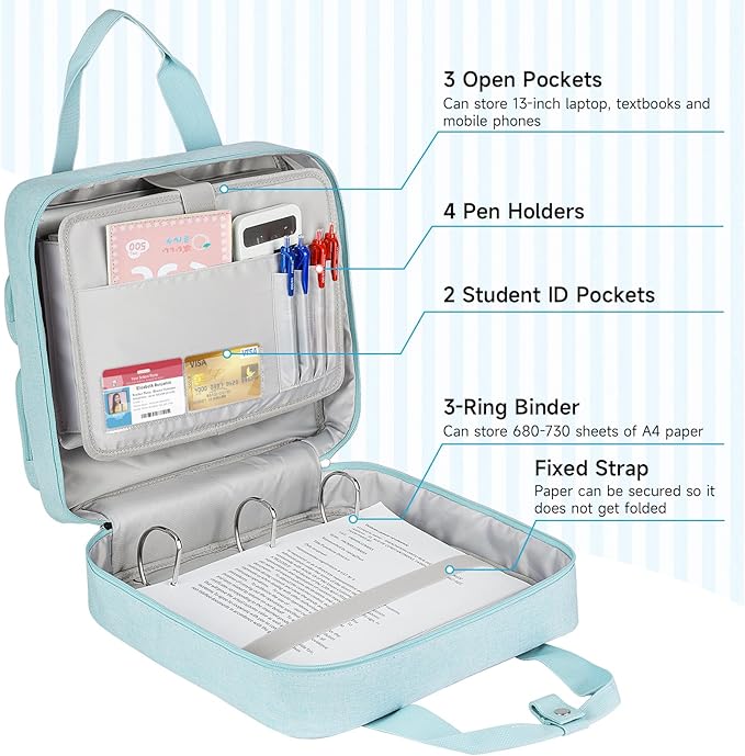 Zipper Binder 3 Ring, 500 Sheets Capacity, Binder 2 Inch with Shoulder Strap Fits 13 Inch Laptop for School and Office,Blue