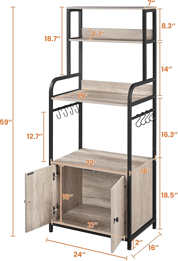Yaheetech 4-Tier Kitchen Bakers Rack with Storage Cabinet and Hutch, Microwave Oven Stand Coffee Bar Pantry Cabinet with 8 S Hooks, Freestanding Kitchen Shelves Spice Rack, Gray