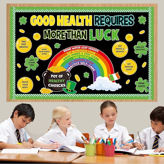 St. Patrick's Day Health Bulletin Board Lucky Shamrock Bulletin Board Decorations Rainbow Gold Coin Paper Cutouts for St. Patrick Party Supplies Home Classroom Chalkboard Wall Door Window Decoration
