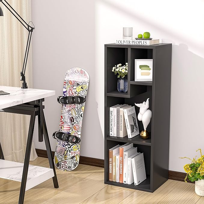 VECELO Small Bookshelf, 4 Cube Slim Bookcase, Fits Tallest Hardcovers, Horizontal Available, Modern Floor Standing Unit, Each Shelf Hold Up to 66 LBS,Black