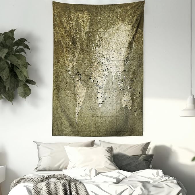 Ambesonne Antique Tapestry, Old World Map Texture Nostalgic Plan Atlas Trace of Life, Fabric Wall Hanging Decor for Bedroom Living Room Dorm, 23" X 28", Khaki Beige