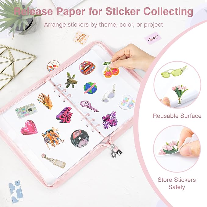 Ospelelf Reusable Sticker Book Organizer Mini Zippered 6 Ring Binder for Collecting, Includes Transparent Pockets, Release Paper, Essential for Scrapbook Planner Enthusiasts, Pink