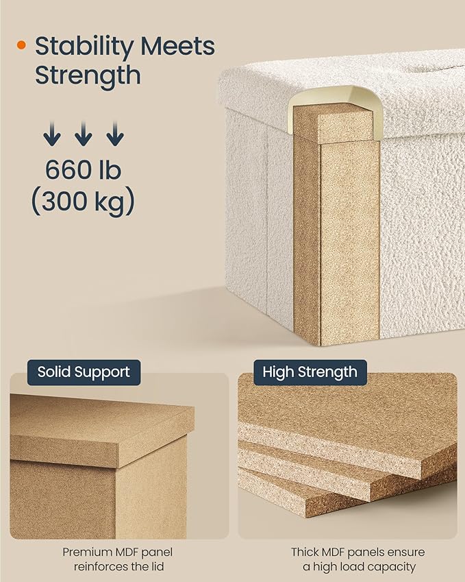 SONGMICS Small Folding Storage Ottoman, Foot Rest Stool, 15 x 15 x 15 Inches, Ottoman with Storage, Load up to 660 lb, for Living Room, Bedroom, Dorm, Cream White ULSF095W01