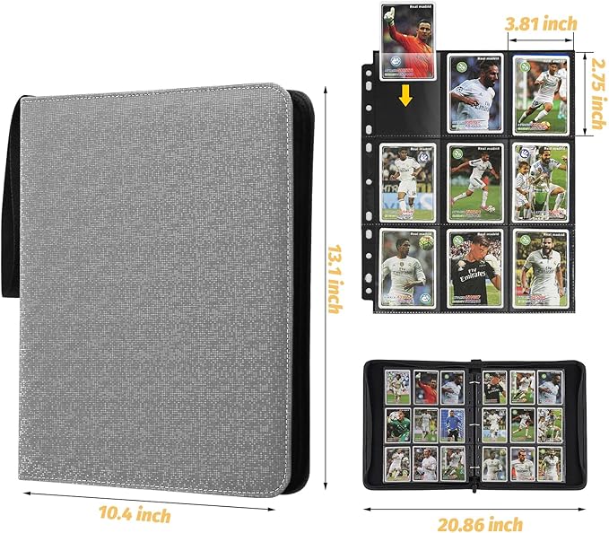 9 Pocket Card Binder, Premium Zip Trading Card Binder, 720 Double Sided Pocket PU Card Collection Binder, Collector Card Album, Card Folder for MTG, TCG, Sports Cards, Game Cards (Grey2)