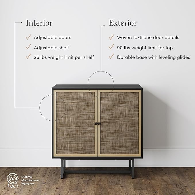 Nathan James Kova Rattan Wood Accent Sideboard Storage Cabinet TV Stand with Matte Metal Frame, Adjustable Shelves and Cane Doors, for Hallway, Entryway or Living Room, Black Oak/Cane, Set of 2