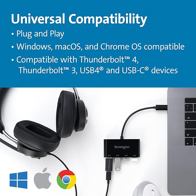 Kensington CH1200 USB-C 10Gbps 4-Port Hub, USB Type C to USB Adapter with 4 USB 3.0, Compatible with Thunderbolt 4, Thunderbolt 3, USB4 and USB-C Devices (K33616WW)