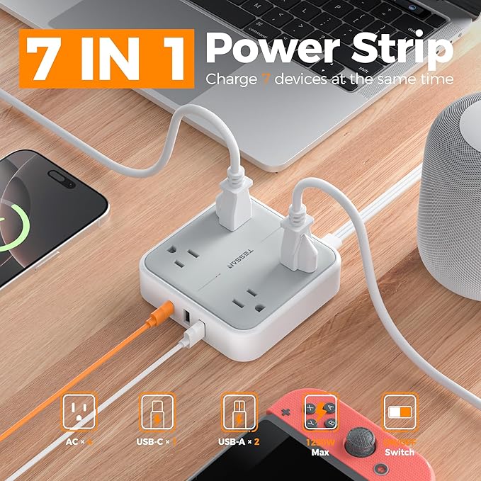 TESSAN Surge Protector Power Strip, 3 Ft Ring Pull Extension Cord with Multiple Outlets, 3 USB (1 USB C) 4 Outlets, 900J Surge Protection, Desktop Charging Station for Home, Office, Dorm Room