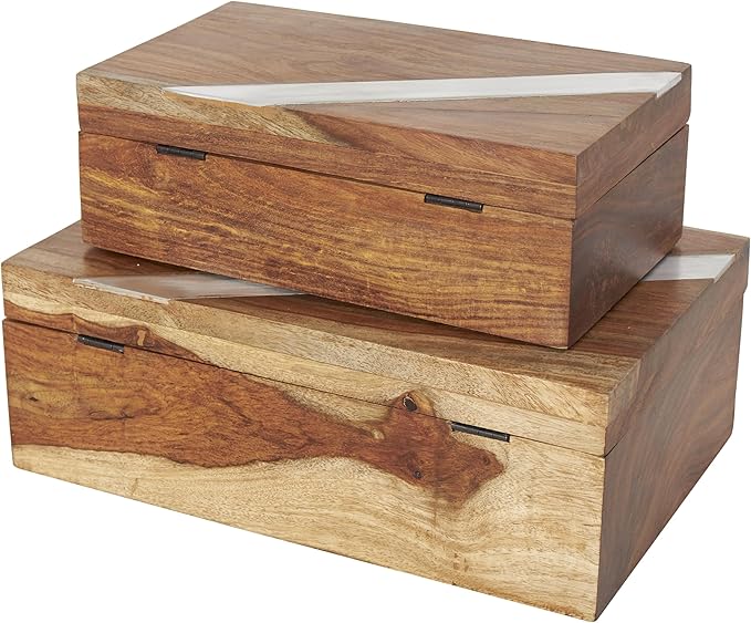 Deco 79 Mango Wood Decorative Box Decorative Keepsake Boxes with Silver Diagonal Stripes, Set of 2 Storage Boxes, Brown