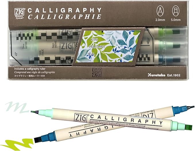 Kuretake Zig Calligraphy Dual Tip Marker Pens 3 colors set, KiwiMint, 2mm, 5mm, Double Tip, for Art, Sketch, illustration, Calligraphy, Journal, Drawing, Made in Japan