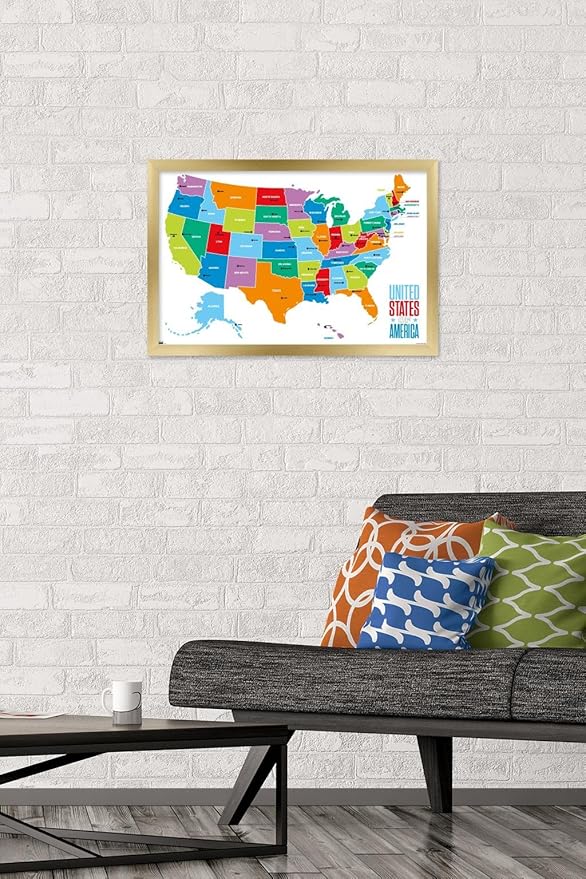 Trends International Map - United States Of America 2022 Wall Poster, 14.725" x 22.375", Gold Framed Version