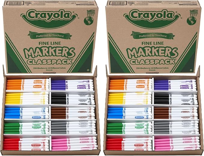 Crayola Fine Line Markers Classpack (200ct), Bulk Kids' Markers For Preschool, Kindergarten, Elementary School Classrooms, Teacher Classroom Must Haves (Pack of 2)
