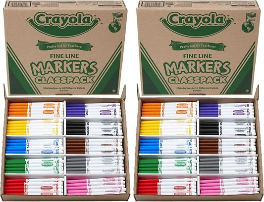 Crayola Fine Line Markers Classpack (200ct), Bulk Kids' Markers For Preschool, Kindergarten, Elementary School Classrooms, Teacher Classroom Must Haves (Pack of 2)