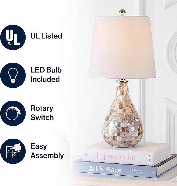 JONATHAN Y 20.5" Seashell Coastal Mini LED Table Lamp for Living Room Office, White Linen Drum Shade, Modern Mother of Pearl Bedside Nightstand Lamp, LED Bulb Included JYL1024A