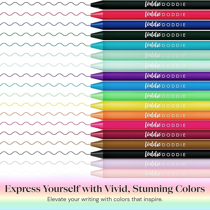 Loddie Doddie Retractable Gel Pens with Satin Barrel - Fine Point - 18 Bright Color Pens for Bullet Style Journals, Notebooks, Planners, Calendars, Notes & Drawing, Use at Home, Office, School, Crafts