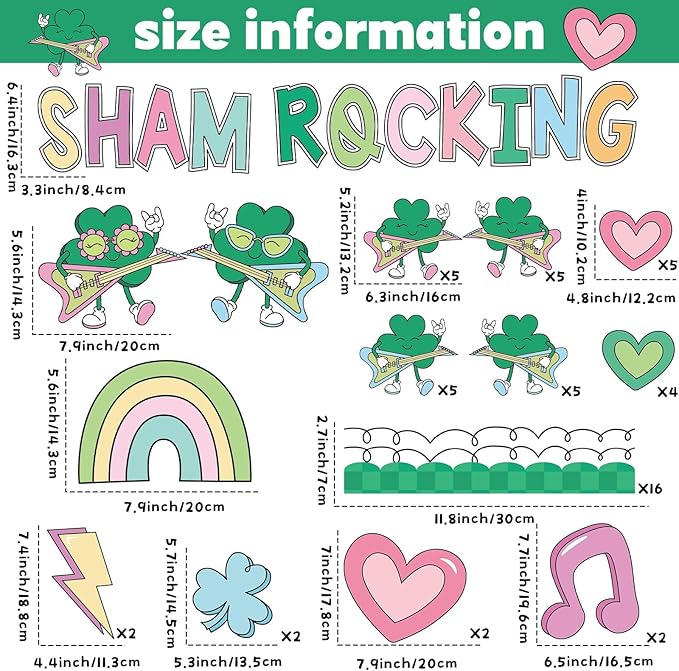 St. Patrick's Day Classroom Bulletin Board Decoration Sham Rocking Photo DIY Bulletin Board Set Lucky Shamrock Music Note Heart Cutouts for Irish Holiday Welcome School Home Wall Door Party Decor