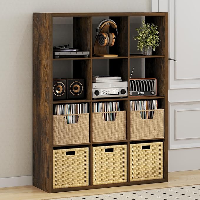 Furinno Cubicle Record Player Stand with Vinyl Storage, 12-Cube 1.2 Extra Thick Vinyl Record Storage, Open Back Media Shelf for CD DVD Blueray Game Disc, for Living Room, Home Office, Amber Pine