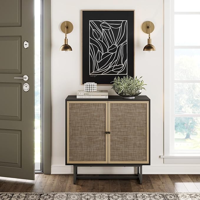Nathan James Kova Rattan Wood Accent Sideboard Storage Cabinet with Matte Metal Frame, Adjustable Interior Shelves and Cane Doors, for Hallway, Entryway or Living Room, Black Oak/Cane