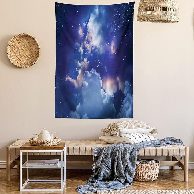 Ambesonne Space Tapestry Twin Size, Magic Sky View with Star and Clouds Celestial Colorful World Cosmic Expanse Theme, Wall Hanging Bedspread Bed Cover Wall Decor, 68" X 88", White and Blue