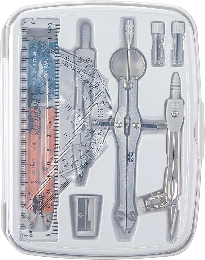 Mr. Pen- Geometry Set, 13 pcs, Compass for Geometry Compass, Geometry Kit Set with Shatterproof Storage Box, Math Compass, Geometry Set for School, Compass Math, Protractor and Compass Set, Grey