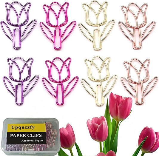 20 Pcs Metal Flower Paper Clips Set - Cute Large Decorative Paperclips for File Organization, School, Home Office and Wedding Decor 4 Colors (TULIPFLOWER)