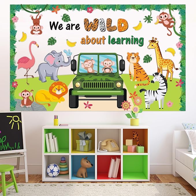 72PCS We Are Wild About Learning Bulletin Board Set Jungle Animals Truck Classroom Decoration Wild Monkey Elephant Safari Paper Cutouts for Teacher Summer Back to School Chalkboard Wall Decor Supplies