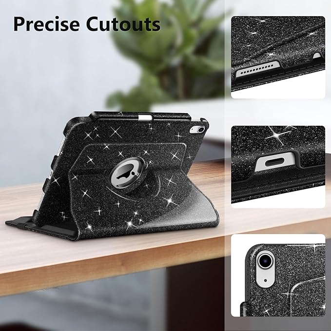 Fintie Rotating Case for iPad (A16) 11th Generation 11 Inch (2025), iPad 10th Generation 10.9 Inch (2022) - [Built-in Pencil Holder] 360 Degree Rotating Protective Stand Cover, Glittering Black