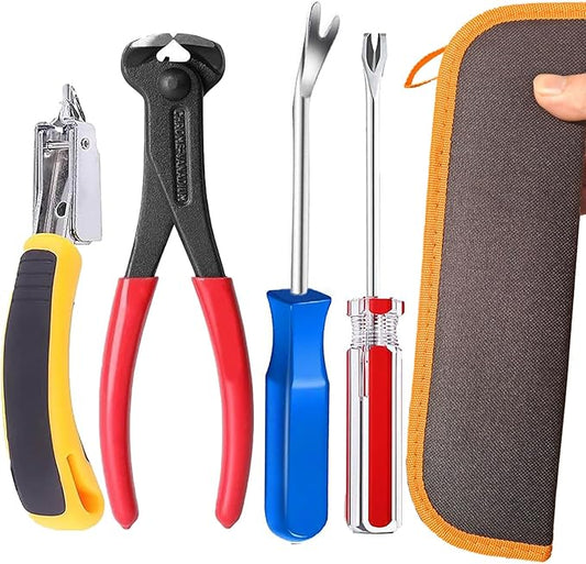 Upholstery Staple Remover Tack Puller Nail Remover Tool Set Nail Puller Plier, Staple Puller, Tack Lifter, Fastener Remover, for Furniture Floor Wall Wooden Case Photo Frame with a Leather Zipper Bag