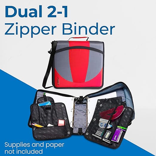 Case-it The Dual 2-in-1 Zipper Binder | Two 1.5-Inch D-Rings, 600 Sheet Capacity, Pencil Pouch & Multiple Pockets | School & Office Organizer with Shoulder Strap | Dual-101 Fire Engine Red