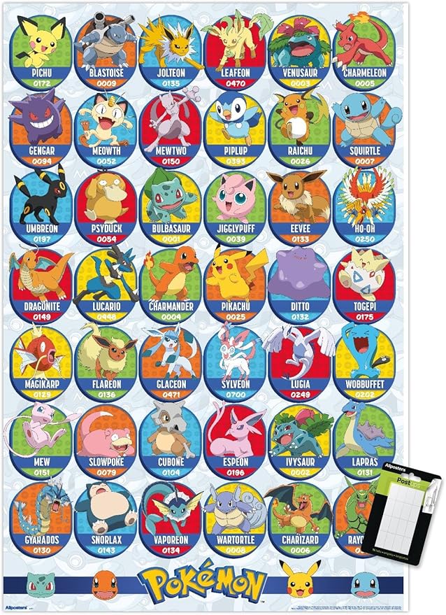 Pokémon: All-Time Favorites - Grid Wall Poster, 34L" x 22.4W", Premium Poster & Mount Bundle