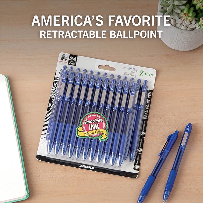 Zebra Pen Z-Grip Retractable Ballpoint Pen, Smooth-Flowing Blue Ink, 1.0mm Medium Point, School & Office Supplies, Ideal for Note-Taking, Journal and Planner Use, 24-Pack (12225)