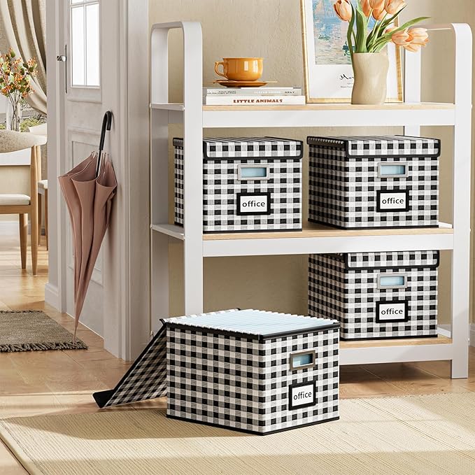 Huolewa Decorative File Organizer Boxes Office Document Storage with Lids, Linen File Storage Organizer Boxes, Universal Hanging Filing Organization Box for Letter/Legal Folder,Home File Storage Bins