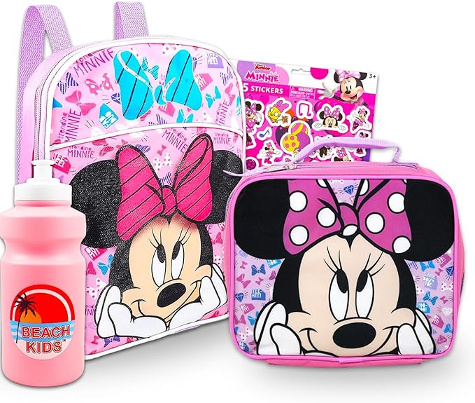 Minnie Mouse Mini Backpack with Lunch Box Set - Bundle 11" Backpack, Lunch Bag, Stickers, More | Minnie Mouse School Supplies for Kids