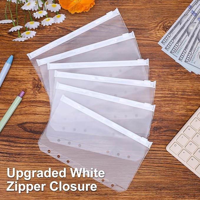 Antner 50pcs A6 Binder Pockets 6-Hole Budget Binder Inserts Cash Stuffing Envelopes for Budgeting, White Zipper Pouch Folders Loose Leaf Filling Bags Money Organizer for A6 6-Ring Planners and Binders