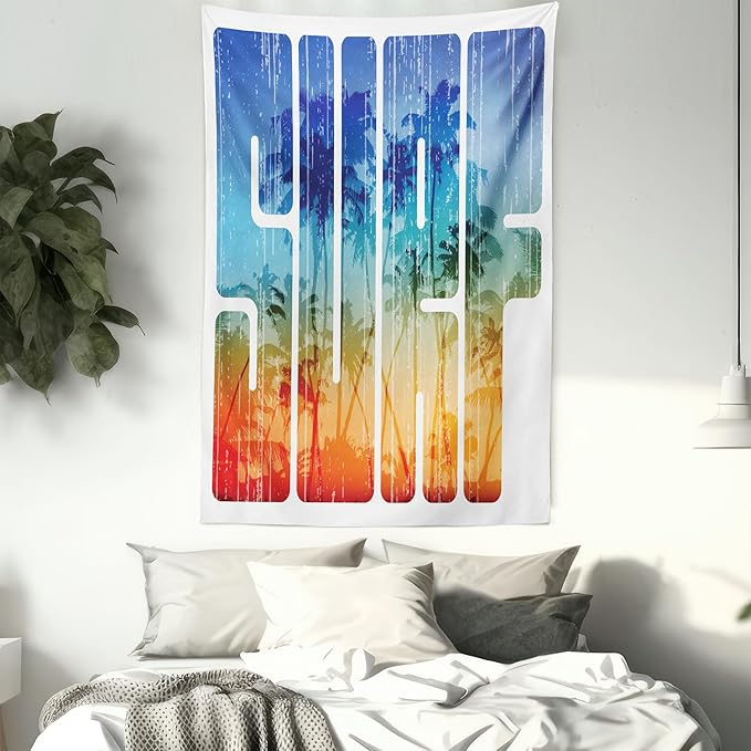 Ambesonne Surf Tapestry Queen Size, Summer Theme Retro Letters That Reflect the Seacoast Palm Tree Extreme Sports Art, Wall Hanging Bedspread Bed Cover Wall Decor, 88" X 88", Navy Orange