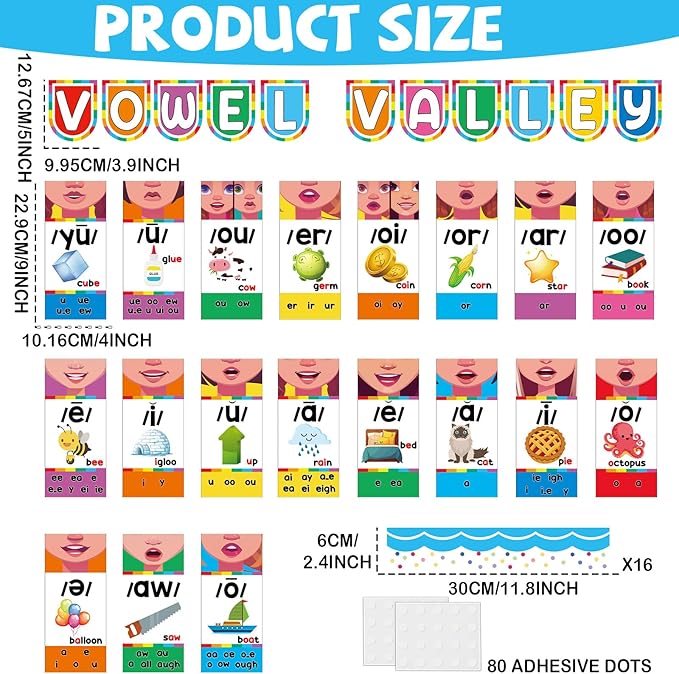 Vowel Valley Bulletin Board Set Back to School Classroom Decorations Sound Wall Phonics Poster Vowel Learning Cutouts Early Learning Kindergarten Elementary School Classroom Chalkboard Wall Door Decor