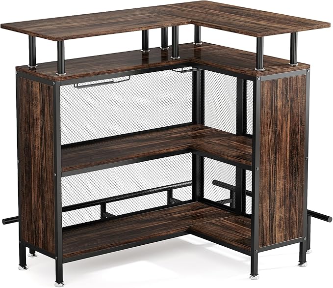 Tribesigns Home Bar Unit, L-Shaped Bar Table with Stemware Racks and 2-Tier Shelves, Corner Mini Coffee Liquor Cabinet with Footrest for Home/Kitchen/Pub, Rustic Brown