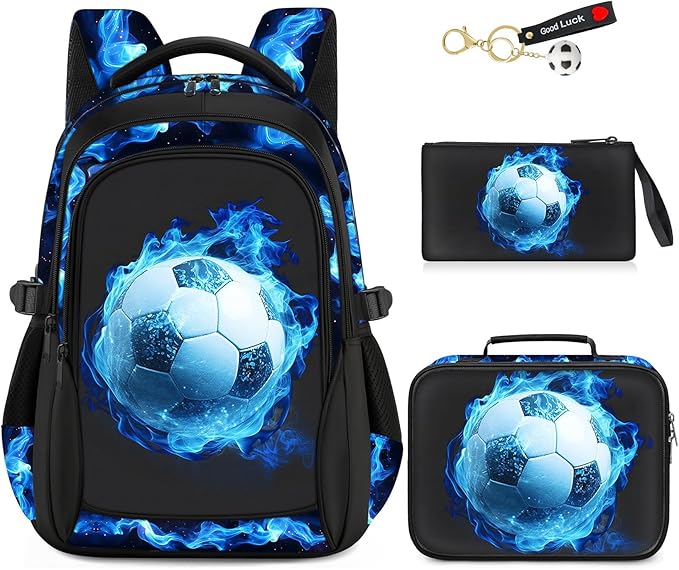 School Backpacks for Boys - 4pcs Soccer Boys Backpacks with Lunch Box Set for Kids Teens Elementary Middle School, 17″ Large Capacity Students Bookbag, Perfect for Travel